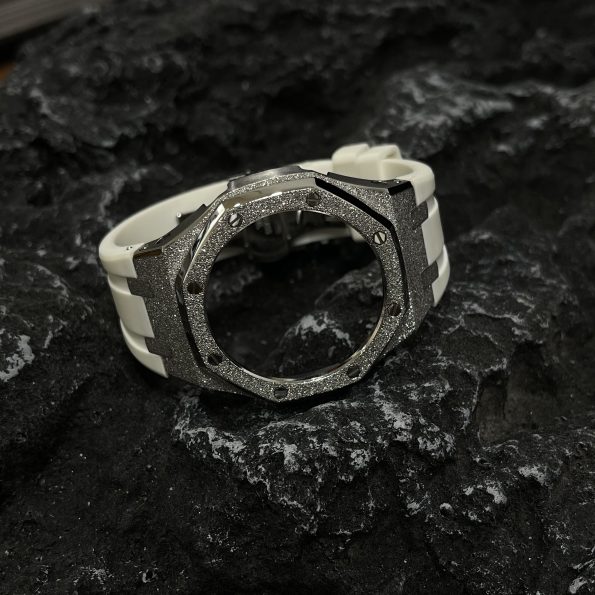 Ga2100 Silver Glitter Case White Rubber Watch Band