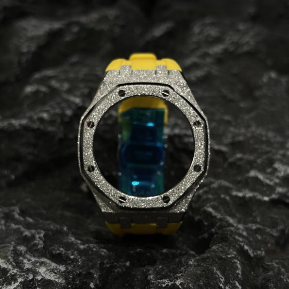 Ga2100 Silver Glitter Case Yellow Rubber Watch Band