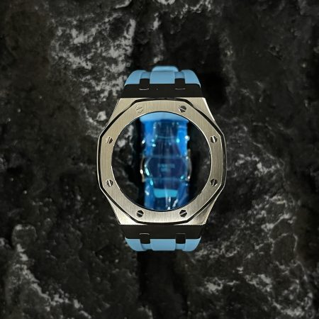 Ga2100 Silver Polish Bezel Blue Rubber Strap