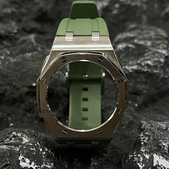 Ga2100 Silver Polish Bezel Olive Green Rubber Strap
