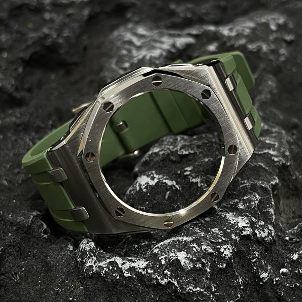 Ga2100 Silver Polish Bezel Olive Green Rubber Strap