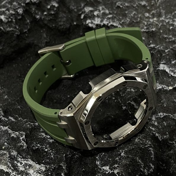 Ga2100 Silver Polish Bezel Olive Green Rubber Strap