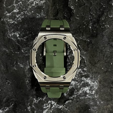 Ga2100 Silver Polish Bezel Olive Green Rubber Strap