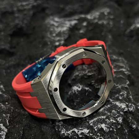 Ga2100 Silver Polish Bezel Red Rubber Strap 