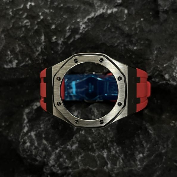 Ga2100 Silver Polish Bezel Red Rubber Strap