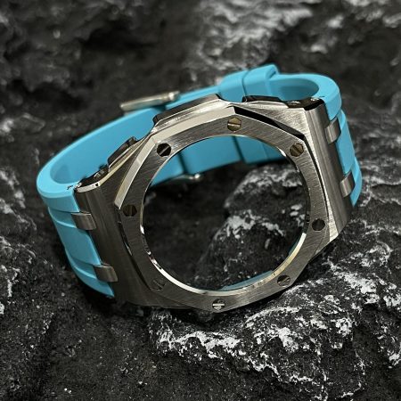 Ga2100 Silver Polish Bezel Sky Blue Rubber Strap 
