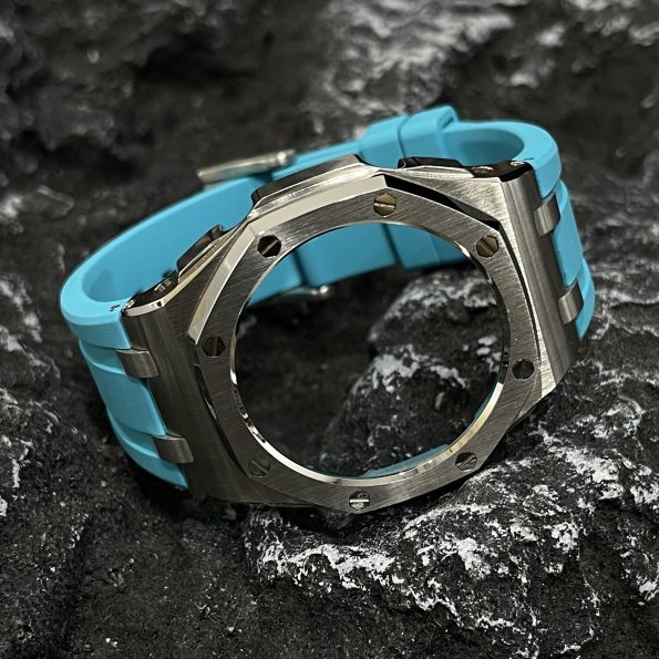 Ga2100 Silver Polish Bezel Sky Blue Rubber Strap