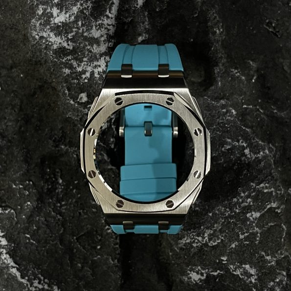 Ga2100 Silver Polish Bezel Sky Blue Rubber Strap