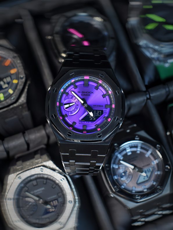 Ga2100 Black Stainless Steel Purple Dial Rose Inner Bezel Watch