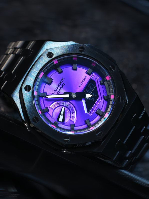 Ga2100 Black Stainless Steel Purple Dial Rose Inner Bezel Watch