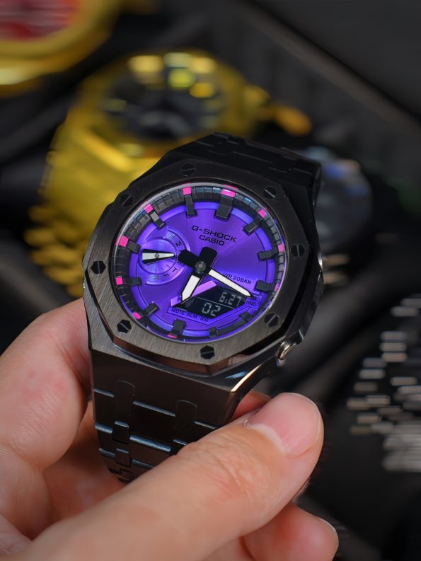 Ga2100 Black Stainless Steel Purple Dial Rose Inner Bezel Watch