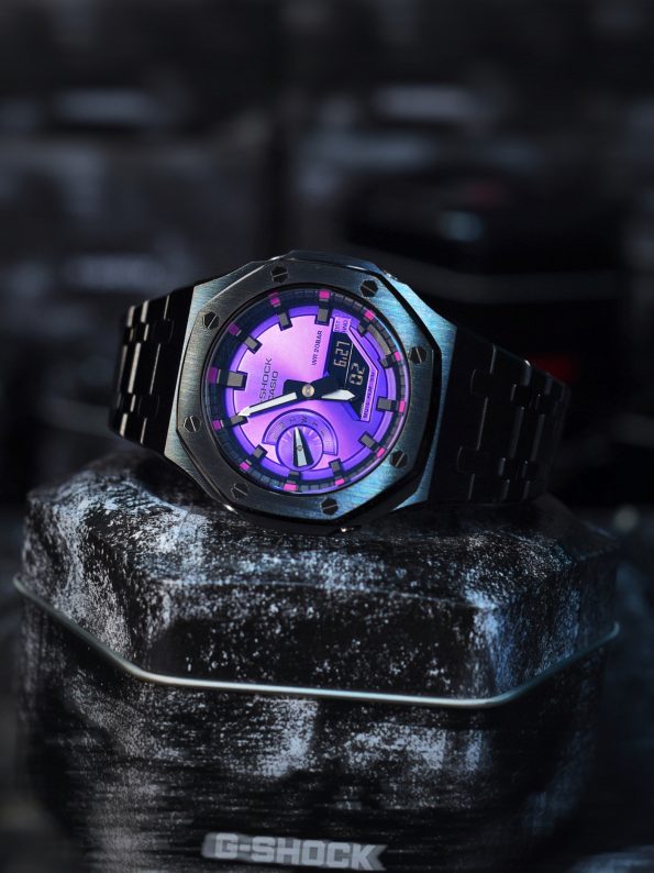 Ga2100 Black Stainless Steel Purple Dial Rose Inner Bezel Watch
