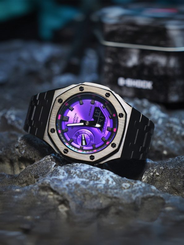 Ga2100 Black Stainless Steel Purple Dial Rose Inner Bezel Watch