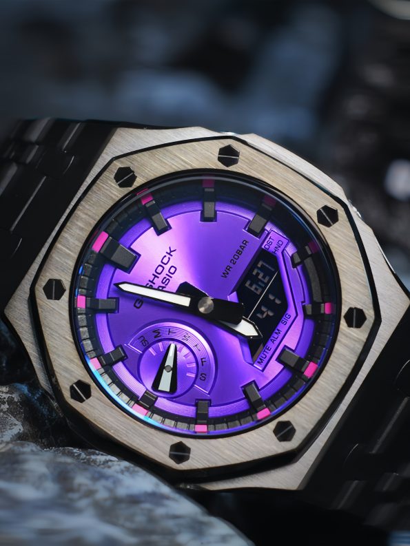 Ga2100 Black Stainless Steel Purple Dial Rose Inner Bezel Watch