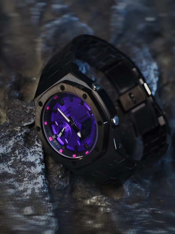 Ga2100 Black Stainless Steel Purple Dial Rose Inner Bezel Watch