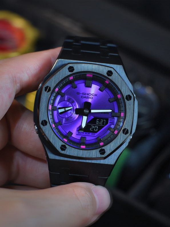 Ga2100 Black Stainless Steel Purple Dial Rose Inner Bezel Watch