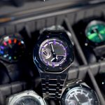 Ga2100 Black Stainless Steel Watch Purple Hour Marker