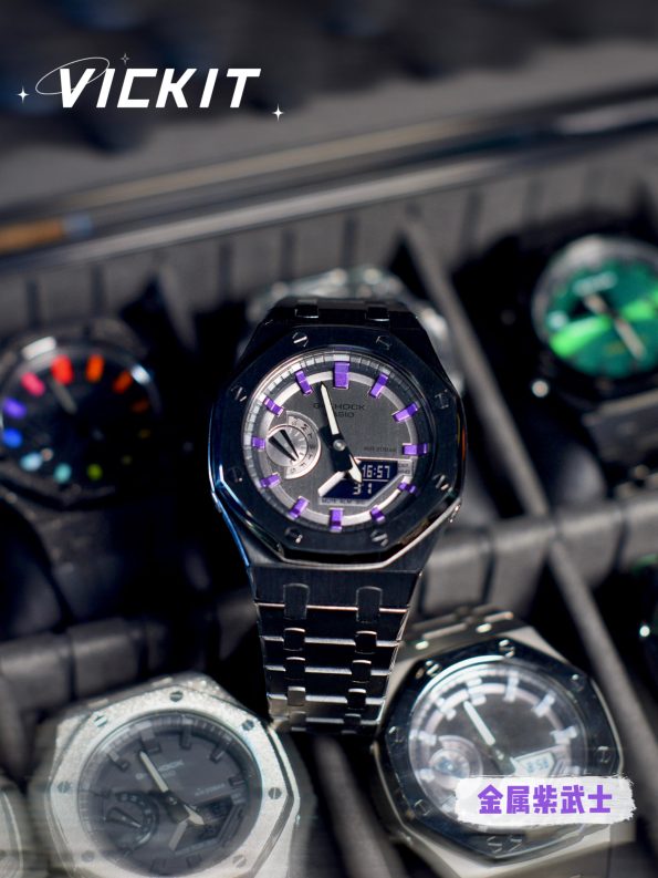 Ga2100 Black Stainless Steel Watch Purple Hour Marker