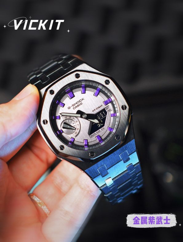 Ga2100 Black Stainless Steel Watch Purple Hour Marker