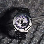 Ga2100 Black Stainless Steel Watch Purple Hour Marker