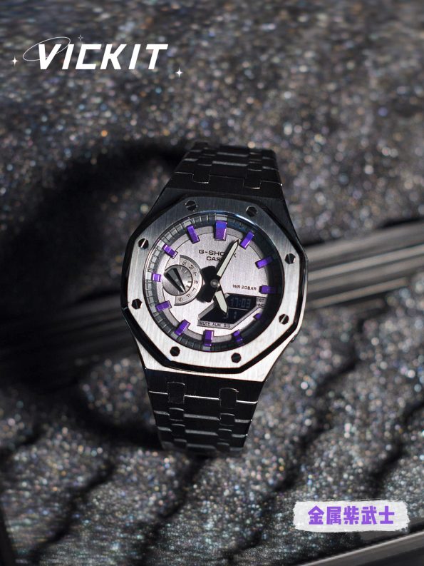 Ga2100 Black Stainless Steel Watch Purple Hour Marker