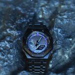 Ga2100 Black Stainless Steel Watch Purple Hour Marker
