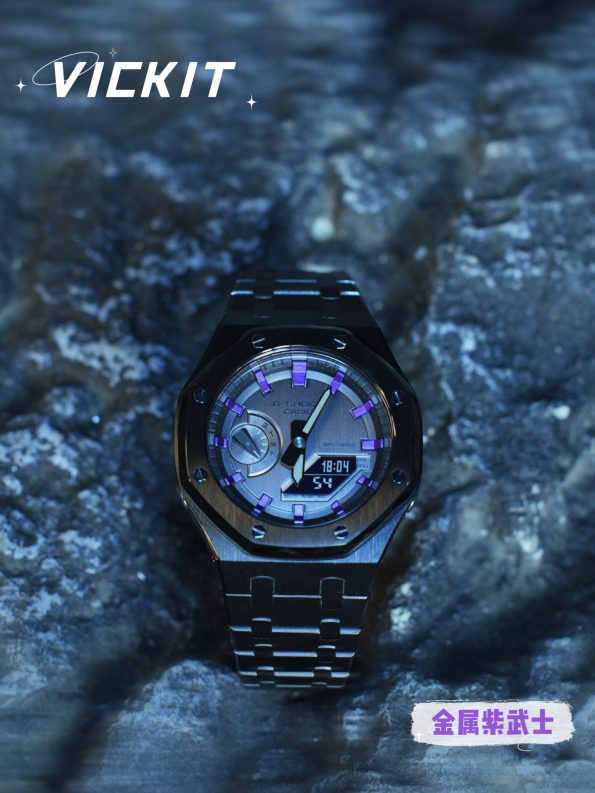Ga2100 Black Stainless Steel Watch Purple Hour Marker