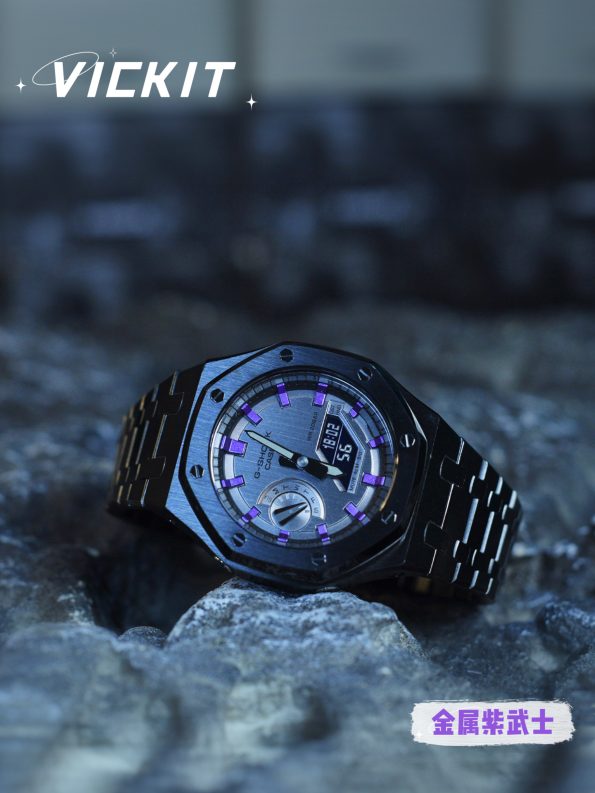 Ga2100 Black Stainless Steel Watch Purple Hour Marker