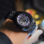 Ga2100 Black Stainless Steel Watch Purple Hour Marker