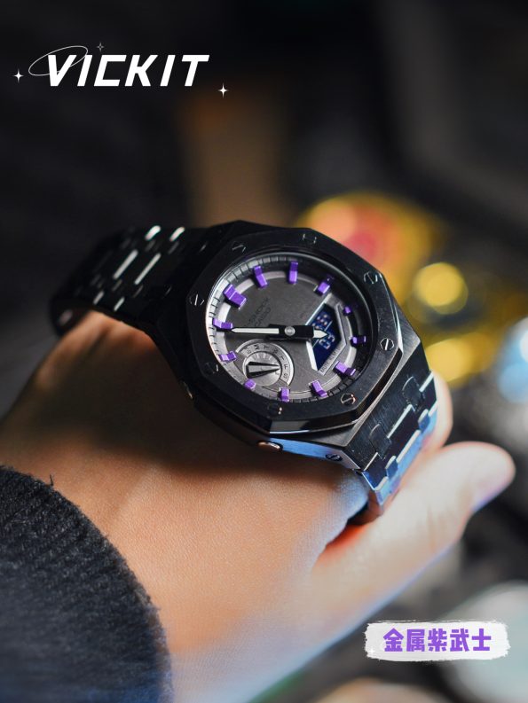 Ga2100 Black Stainless Steel Watch Purple Hour Marker