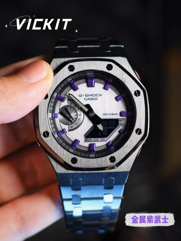 Ga2100 Black Stainless Steel Watch Purple Hour Marker
