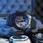 Ga2100 Black Stainless Steel Watch Purple Hour Marker
