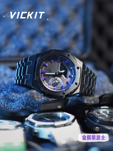 Ga2100 Black Stainless Steel Watch Purple Hour Marker