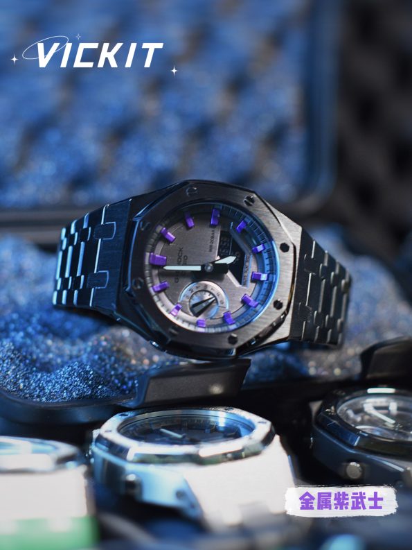 Ga2100 Black Stainless Steel Watch Purple Hour Marker
