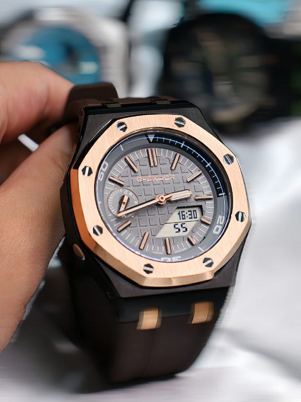 Ga2100 Brown Rubber Strap Gold Bezel Gray Dial Mod Watch