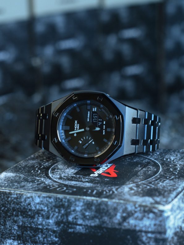 Ga2100 Dark Knight Black Stainless Steel Gray Hour Marker Watch
