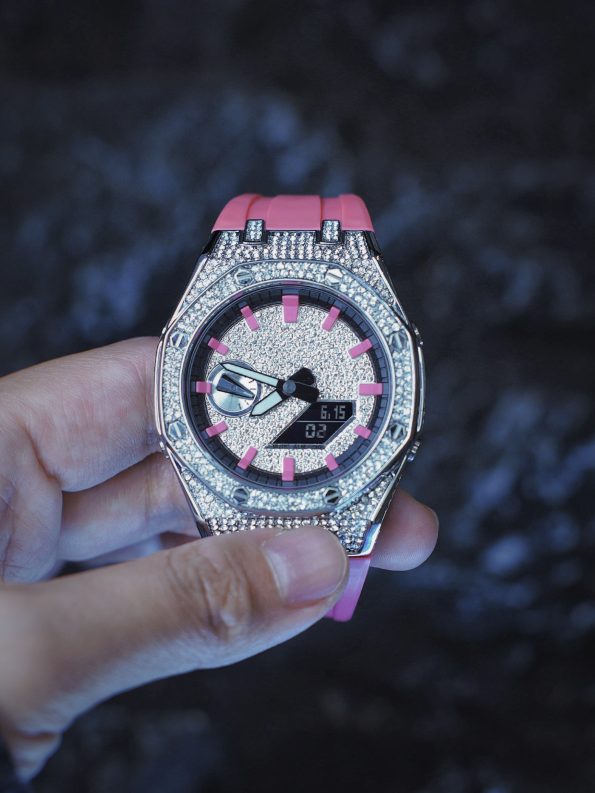 Ga2100 Diamond And Pink Rubber Strap Mod Watch