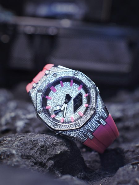Ga2100 Diamond And Pink Rubber Strap Mod Watch 