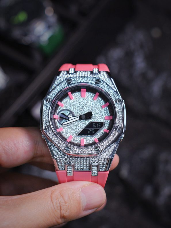 Ga2100 Diamond And Pink Rubber Strap Mod Watch