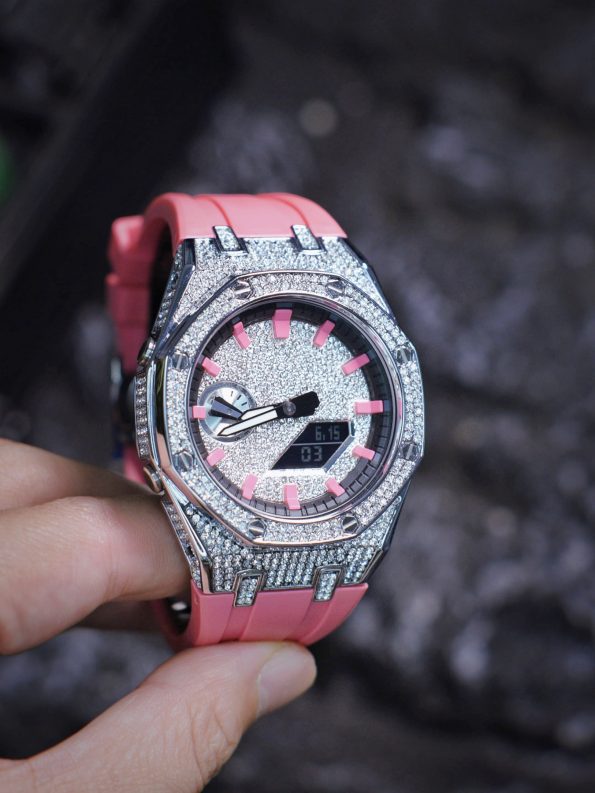 Ga2100 Diamond And Pink Rubber Strap Mod Watch