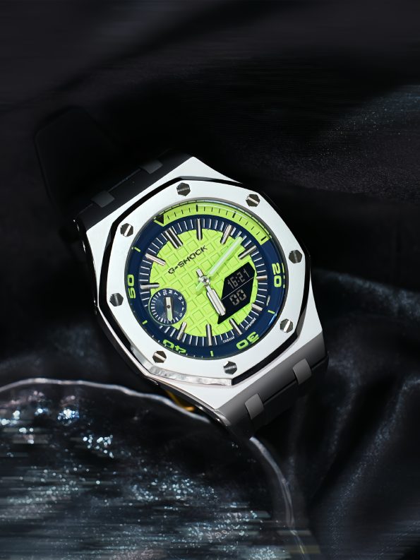 Ga2100 Silver Bezel Green Dial Black Rubber Strap Mod Watch