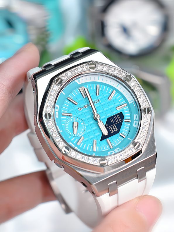 Ga2100 White Rubber Strap Silver Case Blue Dial Watch