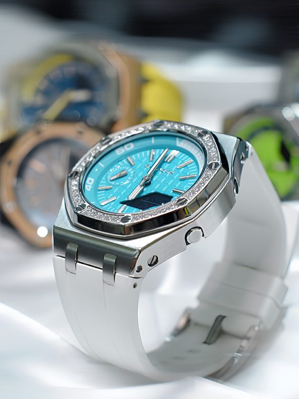Ga2100 White Rubber Strap Silver Case Blue Dial Watch