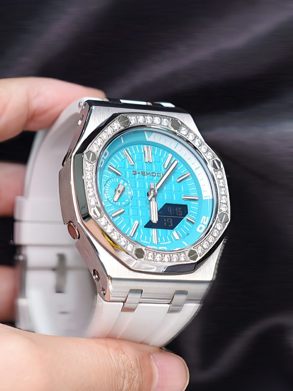 Ga2100 White Rubber Strap Silver Case Blue Dial Watch