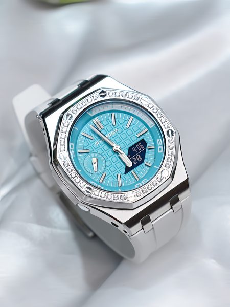 Ga2100 White Rubber Strap Silver Case Blue Dial Watch