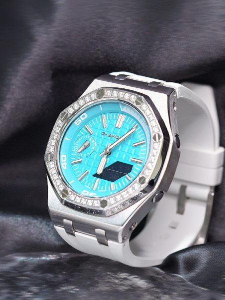 Ga2100 White Rubber Strap Silver Case Blue Dial Watch