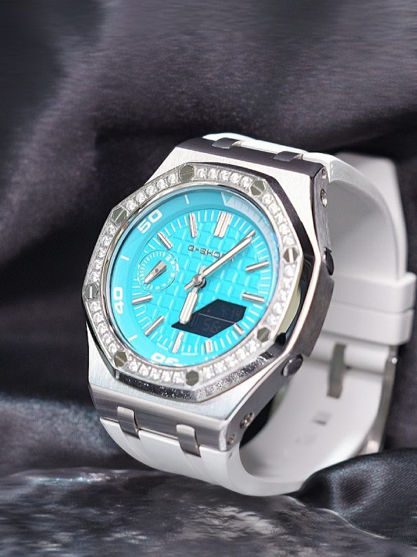 Ga2100 White Rubber Strap Silver Case Blue Dial Watch