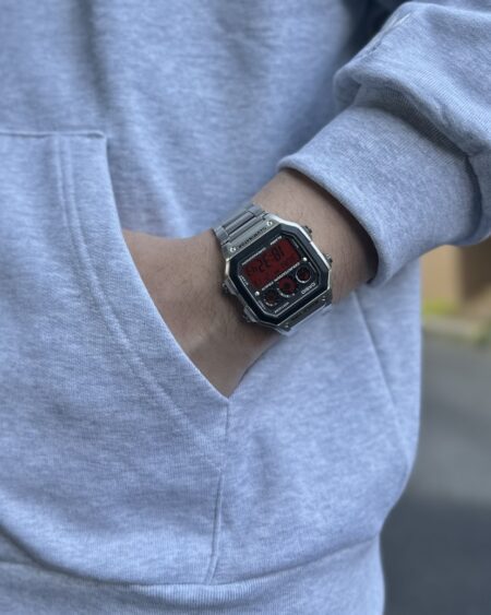 AE-1300 Casio Royale Mod watch with silver steel strap and red digital display
