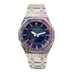 Hero Ga2100 Rose Red Diamond Bezel Black Dial Silver Bracelet