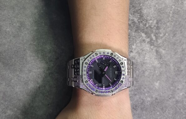 Hero Ga2100 Purple Diamond Bezel Black Dial Silver Bracelet